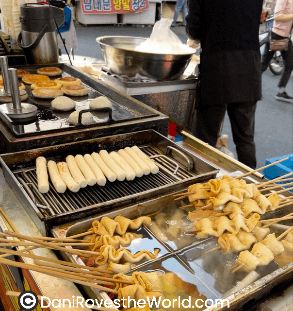 South Korea Food Markets- street food- rice cakes and fish cakes