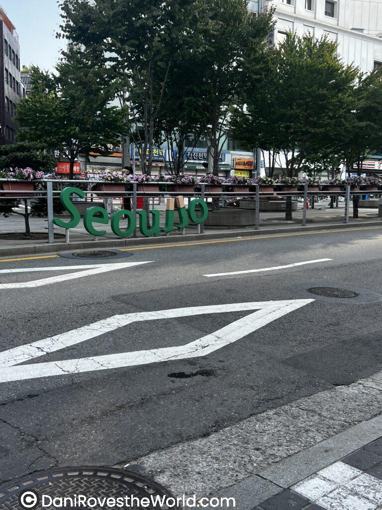 Street near Namdaemun Market in Seoul with flowers and trees in the center of the crosswalk