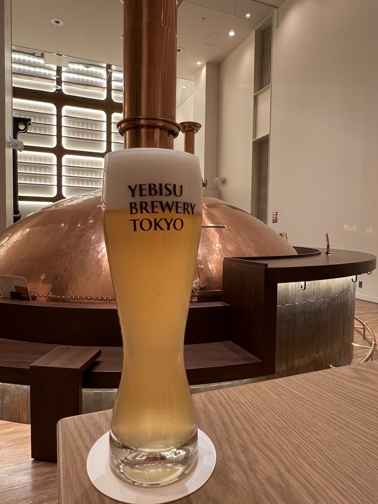Fresh Yebisu beer poured at the Yebisu Brewery Tokyo in Tokyo.