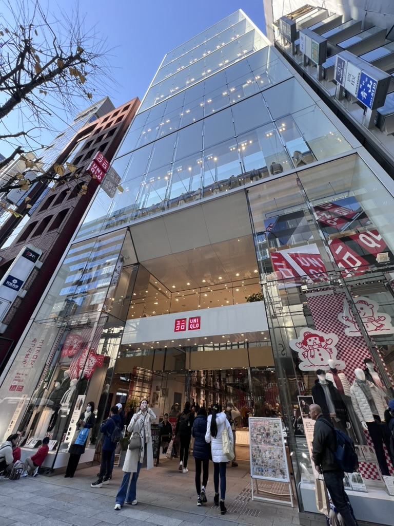 Glass-front Uniqlo flagship store in the Ginza District, one of Tokyo’s most popular shopping areas.