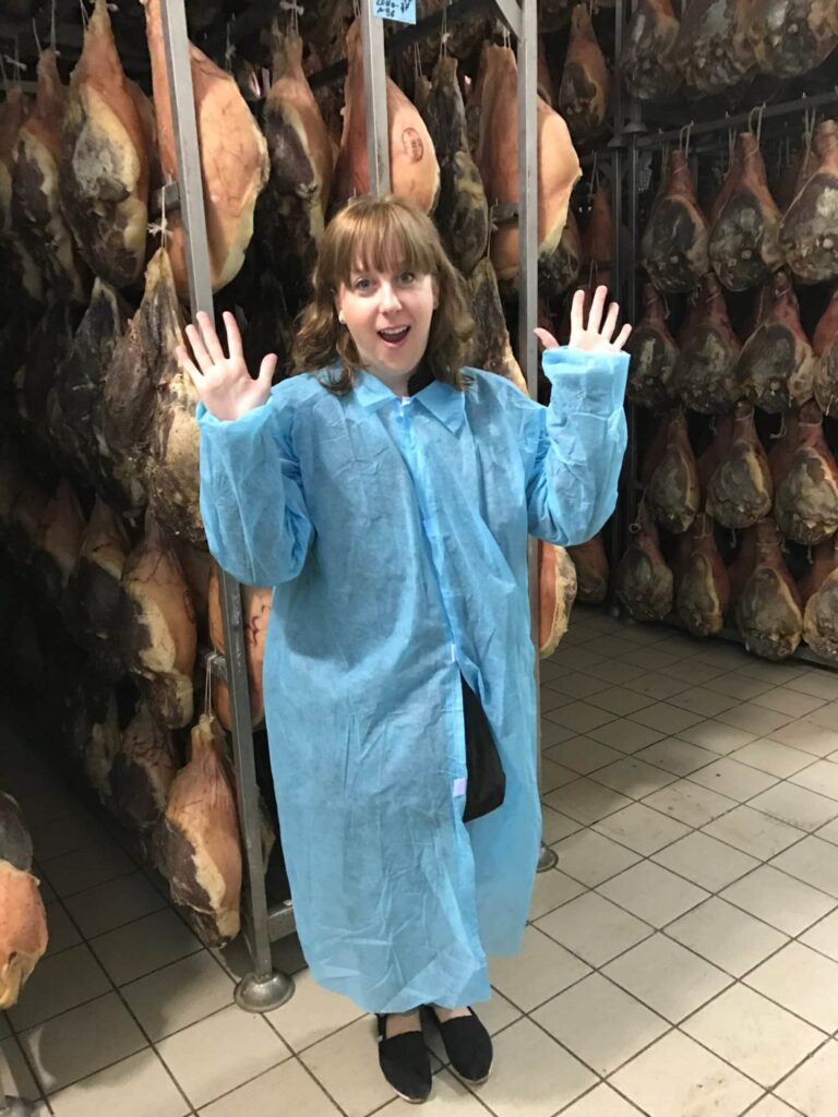  Dani in protective wear as she visits a Parma Ham Factory in Tuscany, Italy