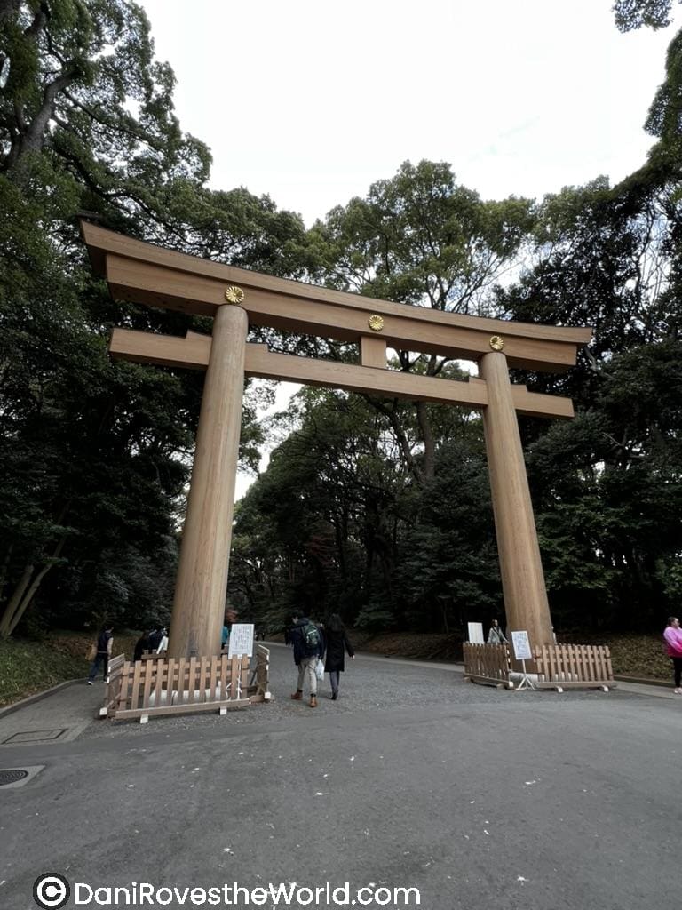 Torii Gate Image: A large wooden torii gate at the entrance to Meiji Shrine in Tokyo, Japan, standing tall amidst lush green trees. Visitors walk beneath the gate, symbolizing their entry into a sacred space.