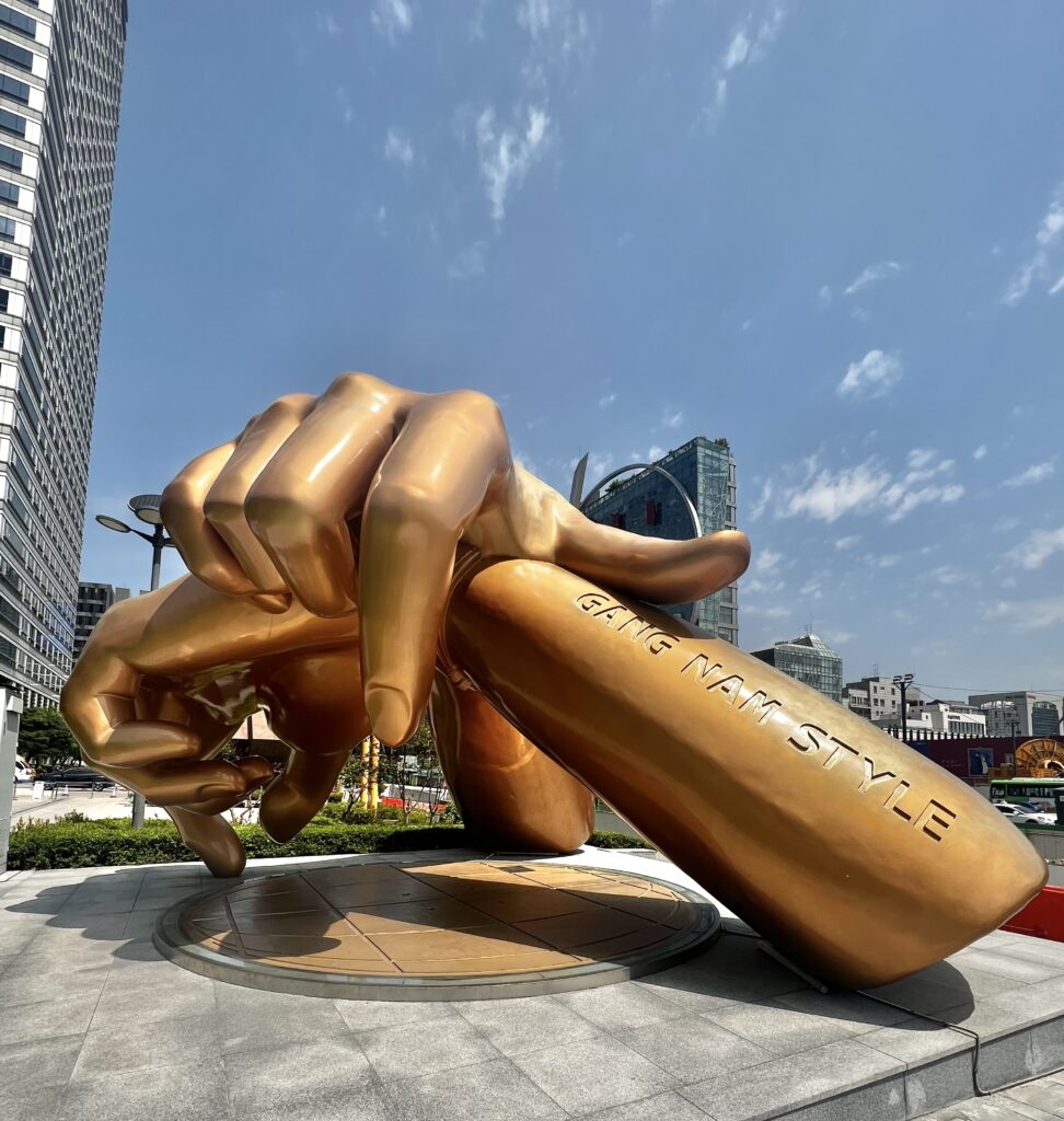 gangnam statue is the sign of what neighborhood you are in when you are in Seoul. This statue is a fun representation of the song from many years ago