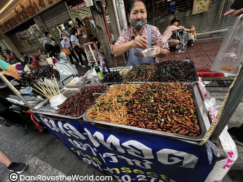 A street vendor in Asia offering a wide array of fried insects, including scorpions and larvae, to adventurous eaters. Dining abroad can be an exciting experience for solo female travelers wanting to step out of their comfort zone.