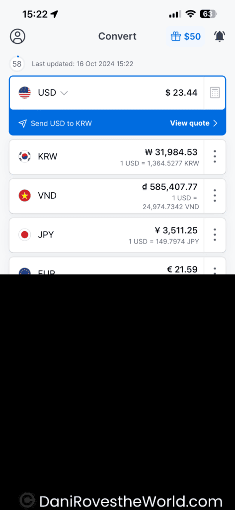 A screenshot of a mobile app showing currency conversions for various countries. The USD conversion amount is $23.44, with options for KRW, VND, JPY, and EUR, among others.