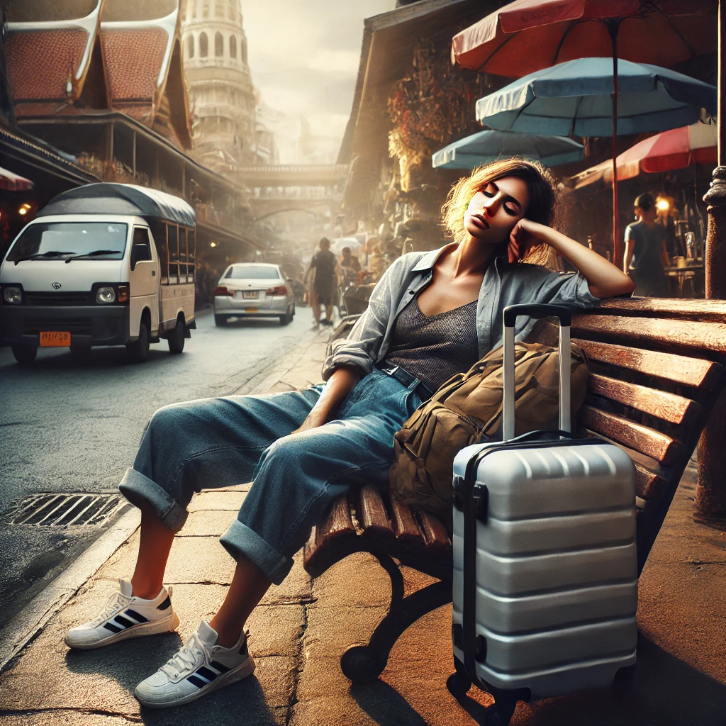 A solo female traveler sits on a wooden bench in a bustling market street with her suitcase and backpack beside her. The warm sunlight highlights her tired expression, reflecting travel burnout amidst a vibrant cultural setting.