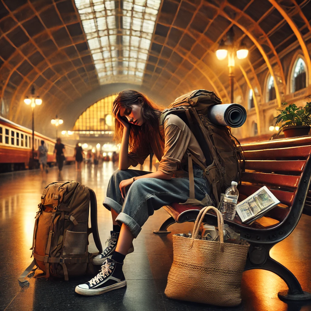 A young female traveler sits on a bench in a grand, warmly-lit train station, leaning on her hand with a fatigued look. Her backpack, water bottle, and a rolled-up travel map are nearby, symbolizing the exhaustion of solo travel.