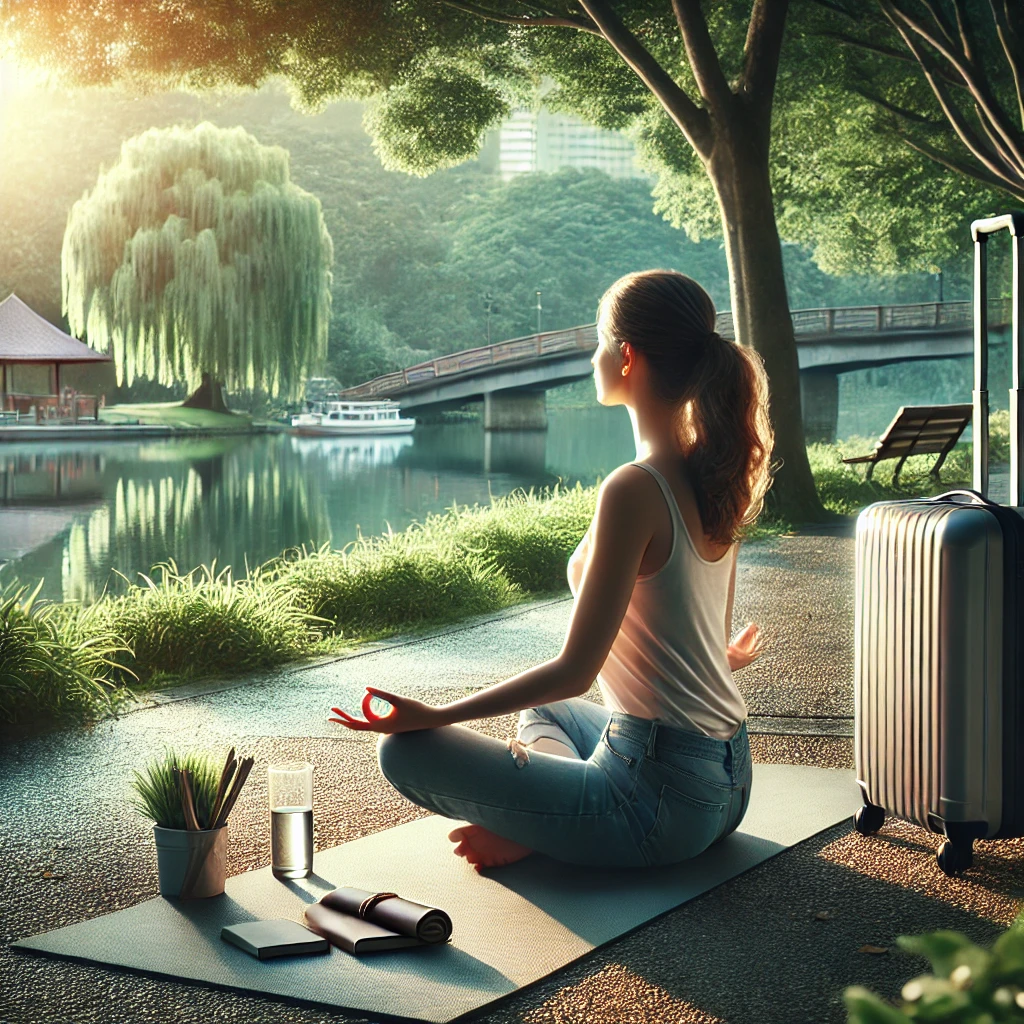 A female traveler sits peacefully on a yoga mat beside a serene lake, practicing mindfulness under the shade of trees. Her travel essentials, including a silver suitcase and a water bottle, rest nearby, capturing a moment of self-care.