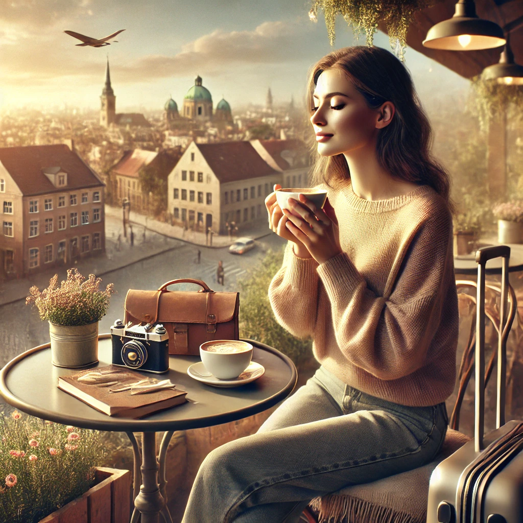 A solo female traveler sits at an outdoor café table overlooking a picturesque European cityscape, savoring a cup of coffee. A vintage camera, leather bag, and notebook adorn the table, showcasing a quiet moment to unwind during her journey.