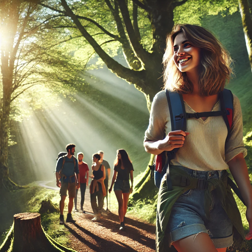A solo female traveler smiles brightly while hiking through a sunlit forest trail with a small group of people in the background. The scene captures the joy of connecting with others on a group tour, surrounded by lush greenery and beams of sunlight filtering through the trees