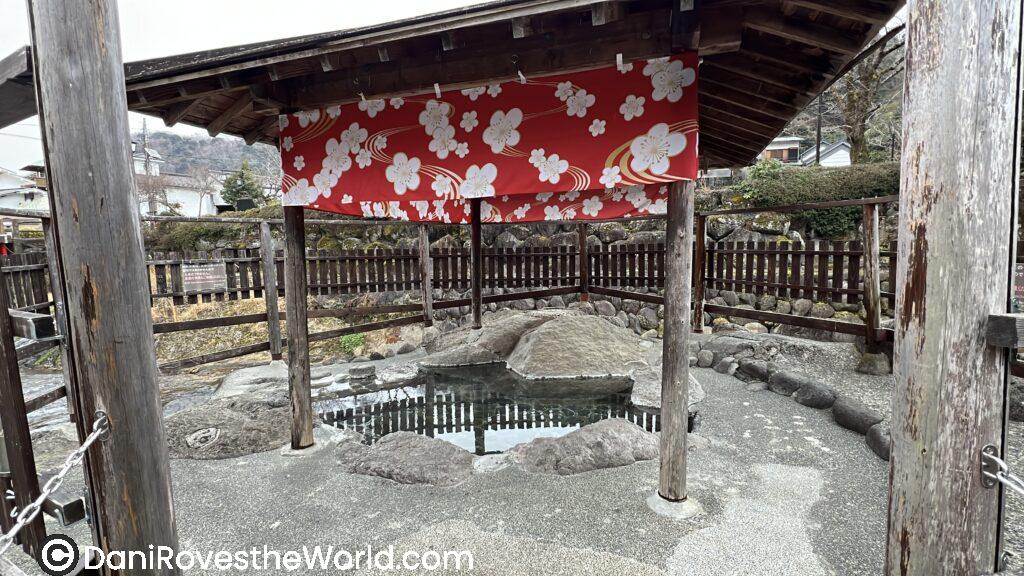 A small outdoor hot spring foot bath sheltered by a red floral canopy and rustic wooden beams in a traditional Japanese setting—perfect for relaxing during a day trip to the Izu Peninsula area.