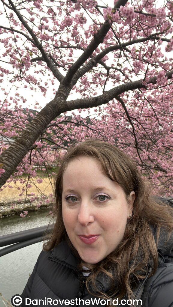 A smiling woman takes a selfie under vibrant pink cherry blossoms along a riverbank in Kawazu, known for its early-blooming sakura—an unforgettable spring day trip from Tokyo.